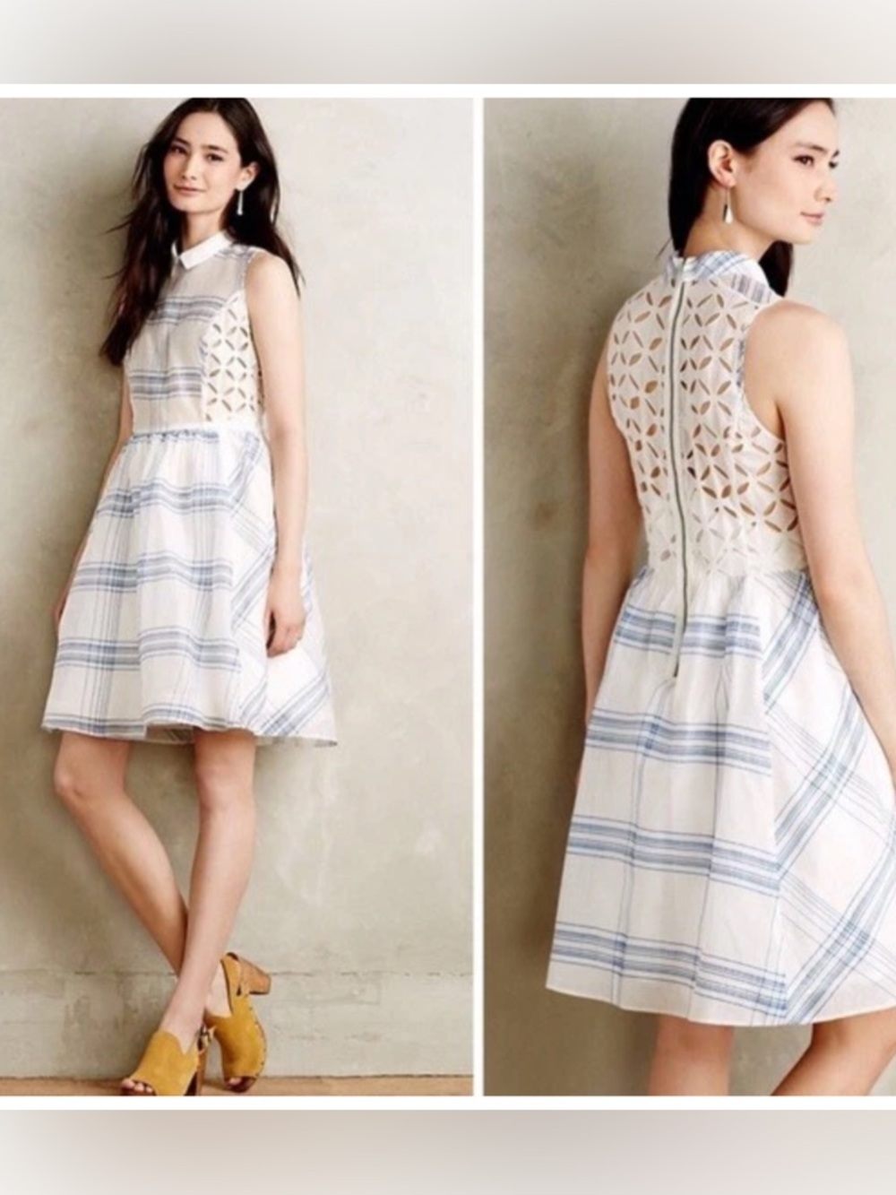 Moulinette Soeurs White and Light Blue Plaid Sleeveless Eyelet Dress